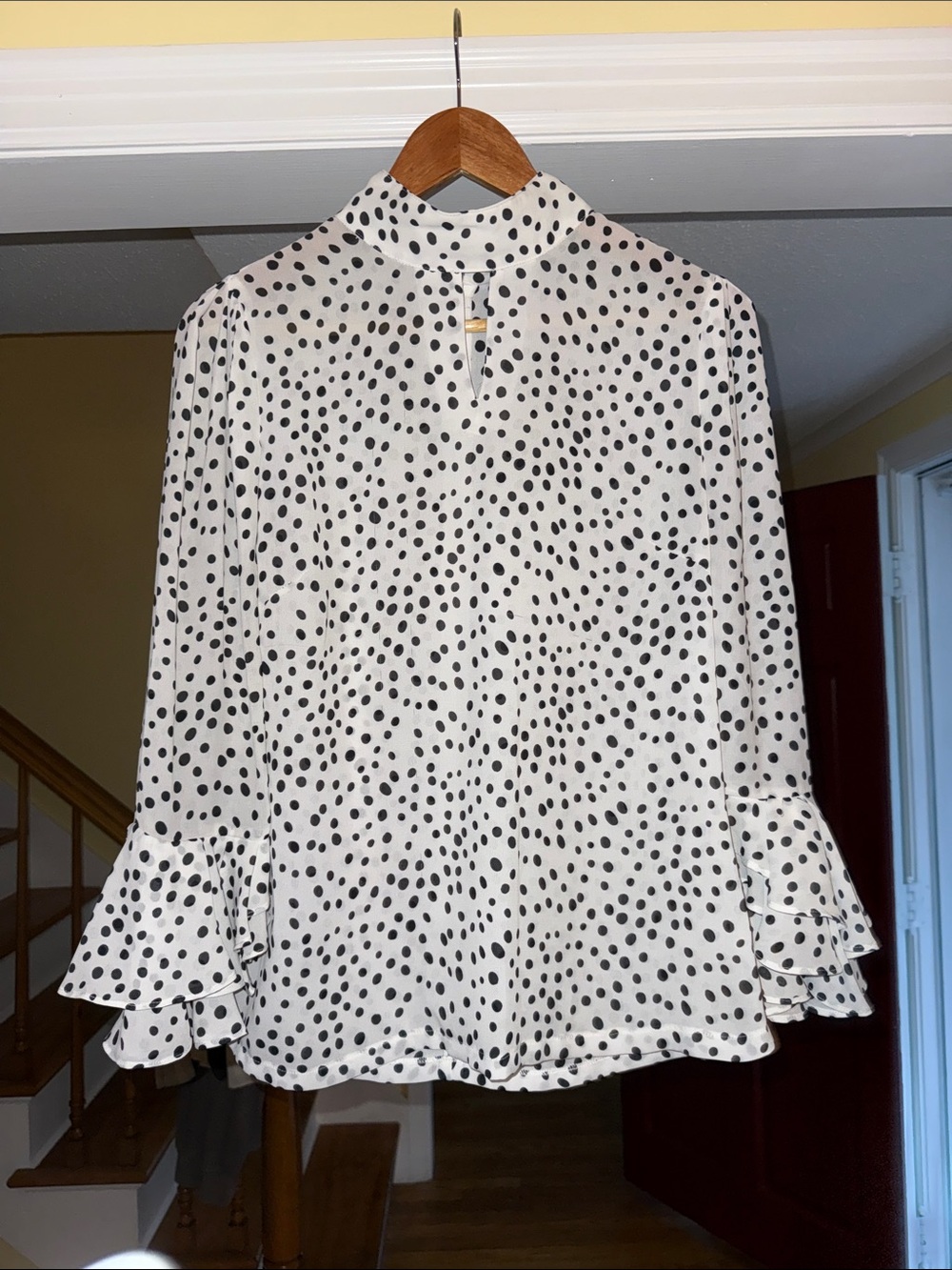 Polka Dot Mock-Neck Long Sleeve Blouse - White/Black